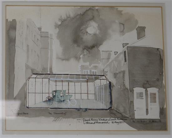 Leonard Manasseh, ink and watercolour, Royal Mews Windsor, Coach Museum 22 x 28cm
